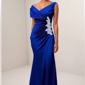 Blue Asymmetrical One Shoulder Gown with Ruched Embellishments